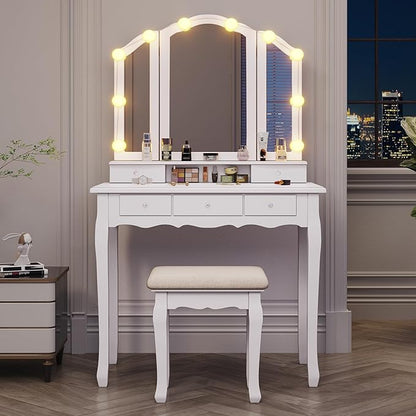 Tiptiper Vanity Table Set with Lighted Tri-Folding Mirror, Makeup Vanity with Lights & 3 Color Lighting Modes, Vanity Desk with Mirror and Cushioned Stool, Makeup Table with 5 Drawers, White