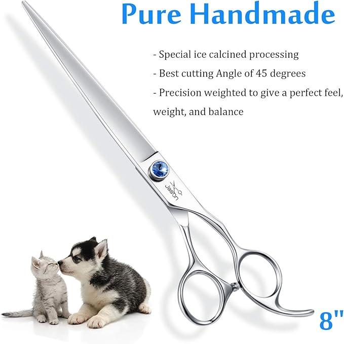 JASON 8" Straight Dog Grooming Scissors Long Pets Grooming Shears Premium Cats Trimming Kit with Offset Handle and a Jewelled Screw Sharp Comfortable-Mewly Pet
