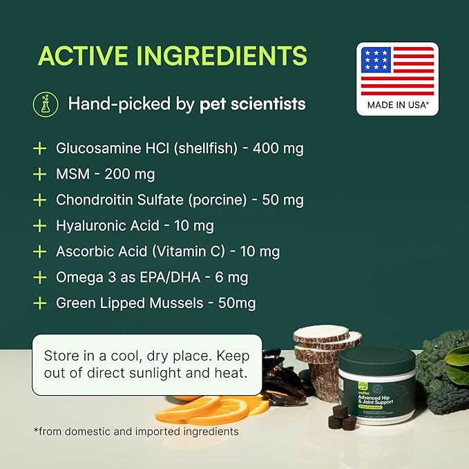 Wuffes Advanced Dog Hip and Joint Supplement with Glucosamine, Chondroitin, Omega 3, MSM, and Green Lipped Mussel, 60 Pork Flavored Chews for Small and Medium Dog Breeds-Mewly Pet