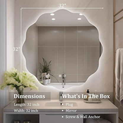 WallBeyond LED Bathroom Mirror with Lights, 32'' Wavy Round Light Up Bathroom Mirror, Anti Fog Led Mirror for Bathroom, 3 Colors and Dimmable Light