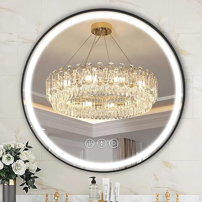 32 Inch Round Led Mirror, Bathroom Mirror with Lights, Black Metal Framed Frontlit Circle Mirrors for Wall with Anti-Fog, Memory Function, 3 Color Temperature, Dimmable Makeup Mirror