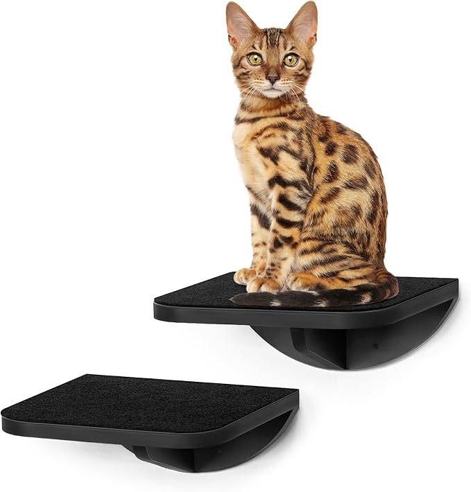 2-Piece Cat Wall Steps with Grey Felt Pads, Floating Cat Wall Perches and Climbing Steps, Wall Mounted Shelf for Small and Large Cats-Mewly Pet