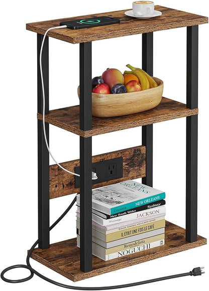 Narrow Side Table with Charging Station, 2 Set Skinny End Tables for Small Spaces, Sofa Beside-Table with Storage Shelf, Slim Nightstand with USB Ports Outlet, Couch Tables Rustic Brown UTBT003F2