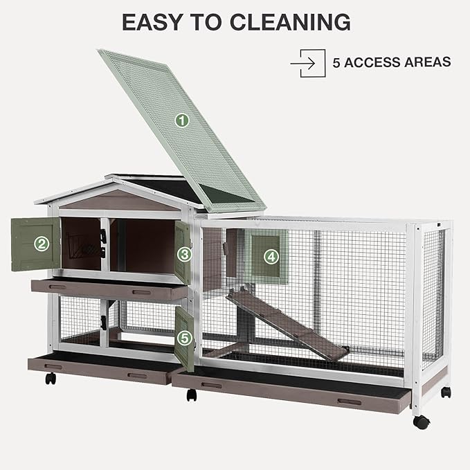 2-Story Indoor Rabbit Hutch with Chew-Proof Outdoor Rabbit Cage with 6 Locking Casters Bunny Cage 2 Pull-Out Trays Guinea Pigs Cage 62" Brown-Mewly Pet