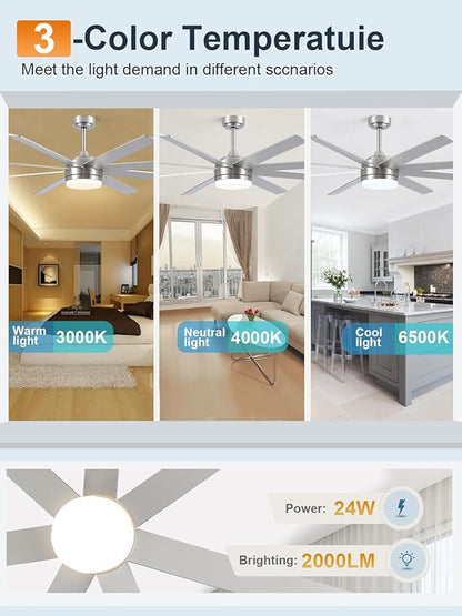 YUHAO 72 Inch Brushed Nickel Ceiling Fan with Light and Remote Control.Noiseless,Dimmable,3CCT,6 Speeds Reversible, DC Ceiling Fans for Indoor or Covered Outdoor
