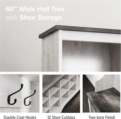 Prepac Farmhouse Washed White Hall Tree, Shoe Cabinet, Storage Cabinet with 12 Shoe Cubbies, 2 Boot Cubbies and 6 Double Coat Hooks 15.5" D x 60" W x 77" H
