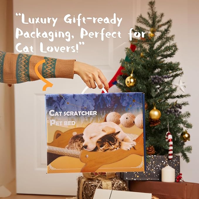 Cat Scratcher & Cats Scratch Pad with Sisal Ball – All-in-One Cats Couch Scratcher, Hammock, and Cat Bed for Indoor Cats, Wooden Cat Scratching Board Upgrade Edition-Mewly Pet