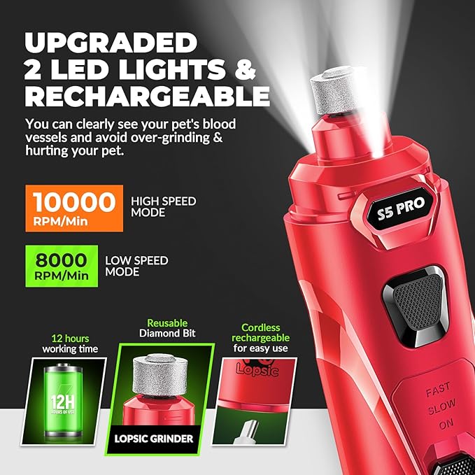 Dog Nail Grinder with 2 LED Lights Powerful 2 Speeds Super Quiet Dog Nail Trimmers with 3 Grinding Wheels Rechargeable Pet Dog Nail Clippers for Large Medium Puppy Dogs Dog Nail File Cat Nail Clipper-Mewly Pet