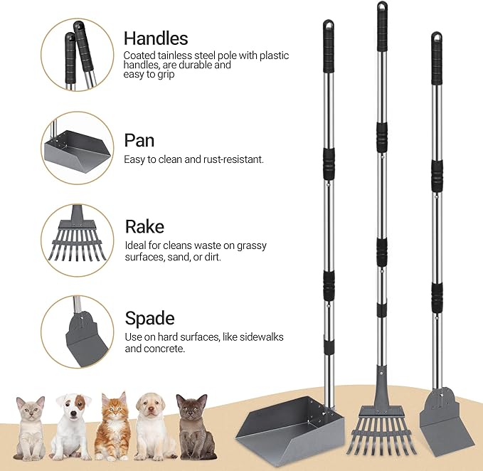 Heeyoo Dog Pooper Scooper, Dog Poop Tray and Rake Set, Pet Waste Removal Scoop with Long Adjustable Sectional Stainless Handles-Mewly Pet