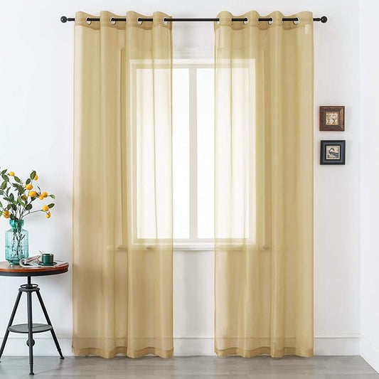 DUALIFE Tan Beige Sheer Curtains with Grommet,Look Semi Natural Taupe Sheer Windows Panels,Elegant Solid Color Touch Soft Drapes, 52X96 Inch for Living Room Bedroom,Set of 2 Panels Khaki