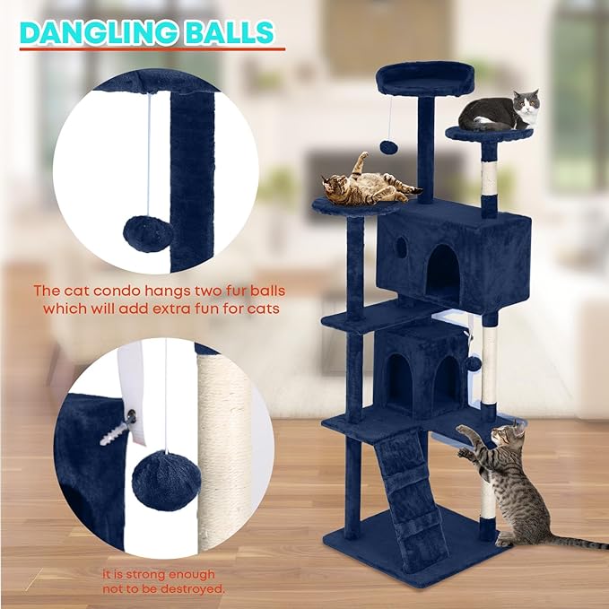 FDW Cat Tree 70in Cat Tower Multi-Level Durable Cat Scratching Post & Cozy Fun Cat Jumping Platform Space Saving Cat Condo Pet Play House for Indoor Cats,Navy Blue-Mewly Pet