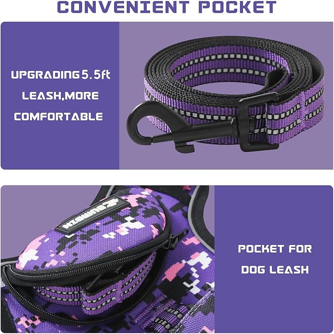 No Pull Dog Harness for Small Dogs, Adjustable No Choke Pet Vest with Dog Leash Fit Smart Reflective Pet Walking Harness for Training Easy Control Soft Handle Purple Camo S-Mewly Pet