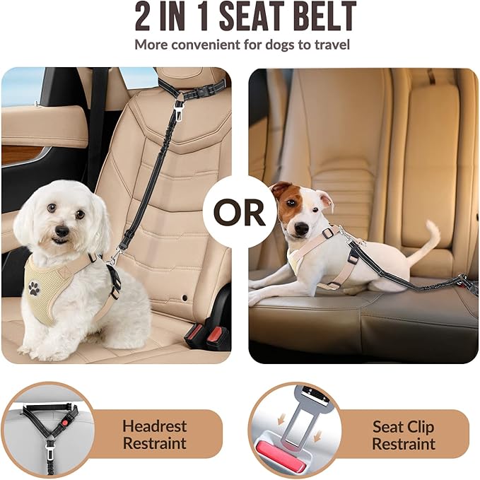 SlowTon Dog Seat Belt for Car, 2 Pack Dog Car Harness Seatbelt Adjustable with Elastic Bungee Buffer, 2 in 1 Pet Car Leash Headrest Restraint Dog Reflective Safety Tether (S, Black, Headrest+Clip)-Mewly Pet
