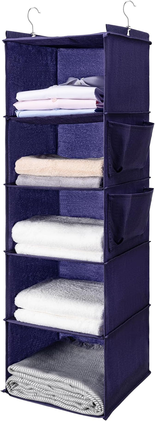 BOOMIBOO Hanging Closet Organize and Shelves,5-Hanging Shelf with 2 Side Pockets,Storage Foldable （Purple）