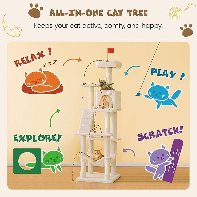 MWPO 63.8 inches Multi-Level Cat Tree for Large Cats with Sisal-Covered Scratching Posts, Padded Platform, Hammock and Condo,Stable Cat Tower Cat Condo Pet Play House-Beige-Mewly Pet