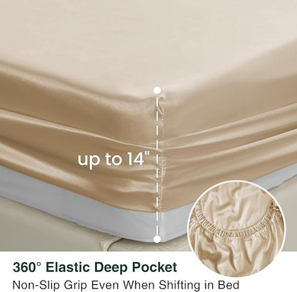 Love's cabin Full Size Satin Sheet Sets - 4 Piece Beige Silky Sheet Set with Deep Pocket, Luxury Silk Feel Satin Sheets Full Bedding Set (1 Flat Sheet,1 Fitted Sheet,2 Pillow Cases)