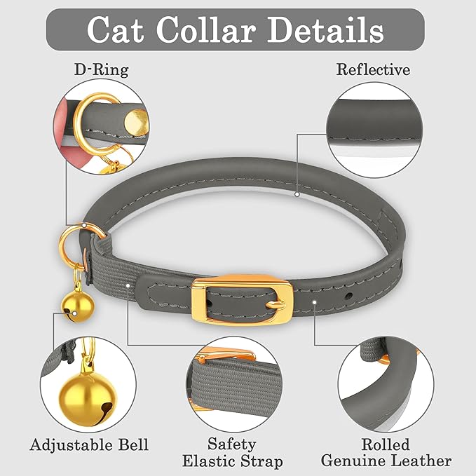 OOPSDOGGY Rolled Leather Cat Collar with Bell - Reflective Kitten Collar with Safety Elastic Strap - Adjustable Small Pet Collars for Boy Girl Cats (Graphite)-Mewly Pet