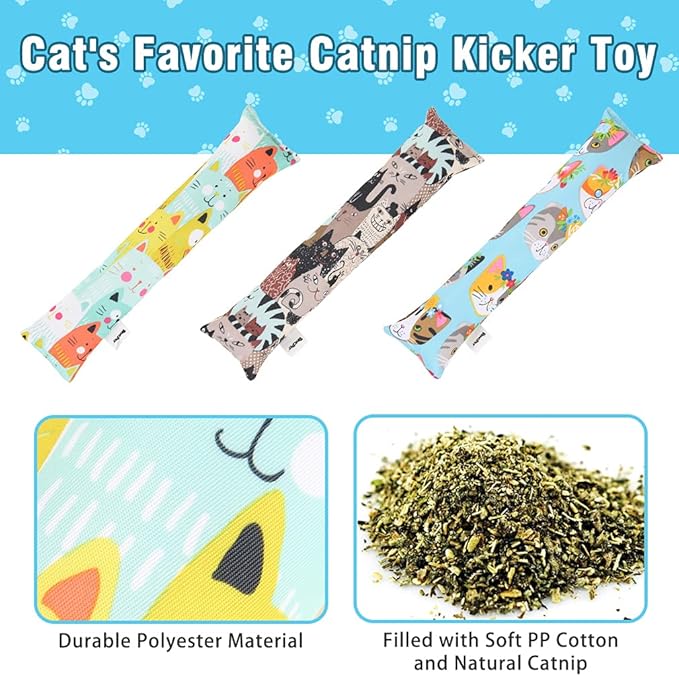BINGPET 3 Pcs Catnip Toy Cat Kicker Toys, Durable and Bite Resistant Cat Chew Toy, Filled with Natural Catnip, Indoor Kitty Kick Pillow Toy with Cute Printing-Mewly Pet