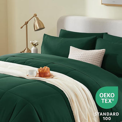 CozyLux King Size Comforter Set Emerald Green, 7 Pieces Bed in a Bag, Green Comforter King Size, All Season Bedding Sets with Stitch Quilted Comforter, Flat Sheet, Fitted Sheet, Pillowcases