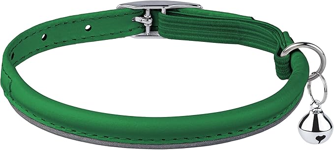 OOPSDOGGY Rolled Leather Cat Collar with Bell, Reflective Kitten Collars with Buckle Include Safety Elastic Strap - Adjustable Small Pet Collars for Boy Girl Cats (Green)-Mewly Pet
