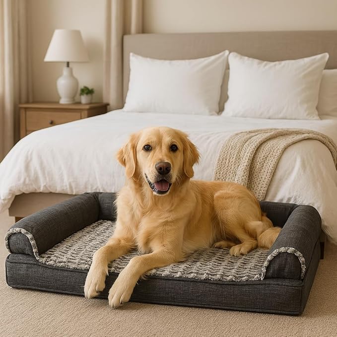 Furhaven Orthopedic Dog Bed for Large Dogs w/ Removable Bolsters & Washable Cover, For Dogs Up to 95 lbs - Luxe Faux Fur & Performance Linen Sofa - Charcoal, Jumbo/XL-Mewly Pet