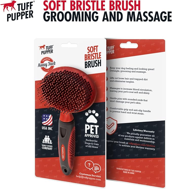 Tuff Pupper Round Bristle Soft Brush for Dogs and Cats | Gentle Grooming for Short or Long Hair | Soft Pin Tool for Sensitive Skin | Detangle & Remove Loose Fur | For Dematting & Detangling Undercoat-Mewly Pet