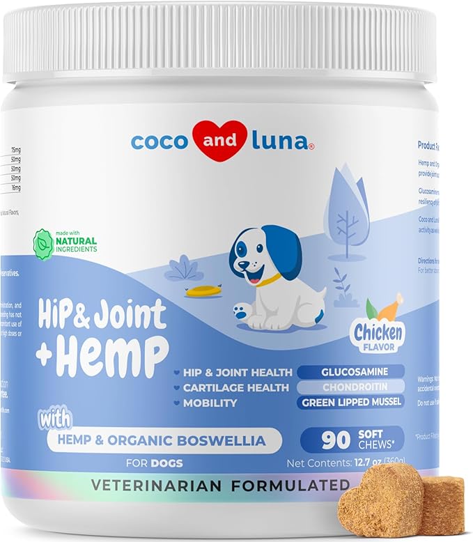 Hemp Hip and Joint Supplement for Dogs - 90 Soft Chews - with Green Lipped Mussel, Glucosamine, Turmeric, Fish Oil, MSM and Yucca Schidigera-Mewly Pet