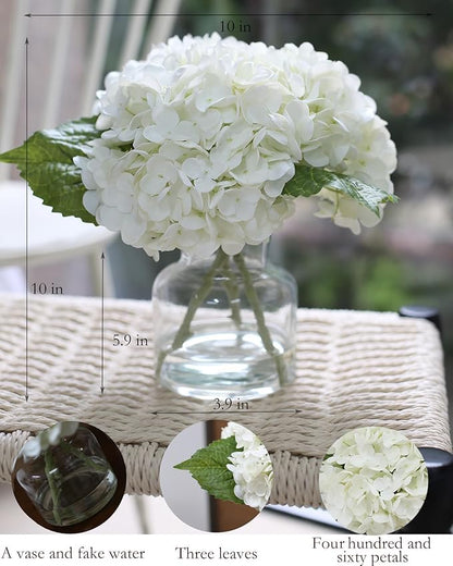 Real Touch Artificial Flowers Whith White Hydrangea in Vase for Home Decoration, Fake Flowers Centerpieces for Tables, Lifelike Fake Hydrangea in Vase for Bathroom, Office and Water Bar