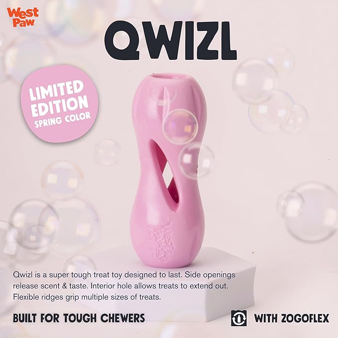 WEST PAW Zogoflex Qwizl Dog Puzzle Treat Toy – Interactive Chewing for Dogs – Dispenses Pet Treats – Brightly-Colored Dog Enrichment Toy for Aggressive Chewers, Fetch, Catch, Large 6.5", Bubblegum-Mewly Pet