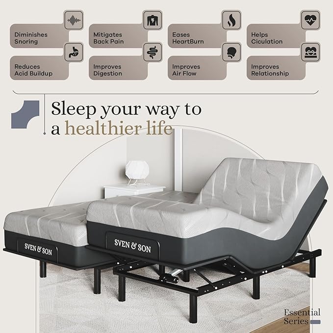 Sven and Son Essential Adjustable Bed Base (Frame) + 12 inch Memory Foam Matt (Medium), Easy Assembly, Head and Foot Lift, Memory Positions, Zero Gravity, Wireless Remote - Split King