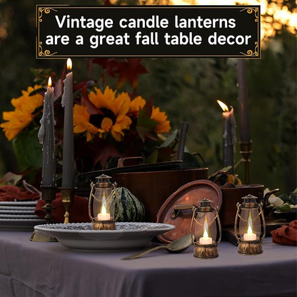 12Pcs Mini Lantern Decorative with Flickering LED Candle, 6Inch Small Western Lantern for Table Centerpiece, Vintage Hanging Candle Holders for Western Halloween Camping Party Decor (Brown)