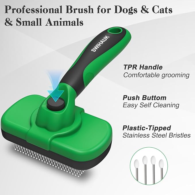 Swihauk Self Cleaning Slicker Brush - Skin Friendly Deshedding Grooming Tool for Dogs & Cats, Suitable for Shedding & Haired Pets, with Pet Supplies Accessories, Green-Mewly Pet