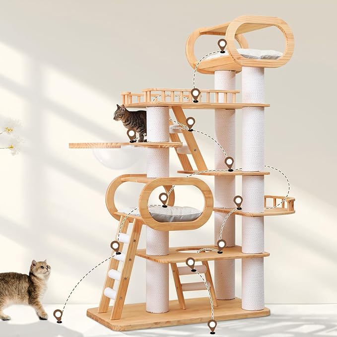 76.8'' Tall Modern Large Cat Tree,Multi-Level Wood Cat Tower for Indoor Cats Large Adults,Luxury Heavy Duty Cat Condo with Cushion,Scratching Posts,Clear Hammock Activity (76.8inch)-Mewly Pet