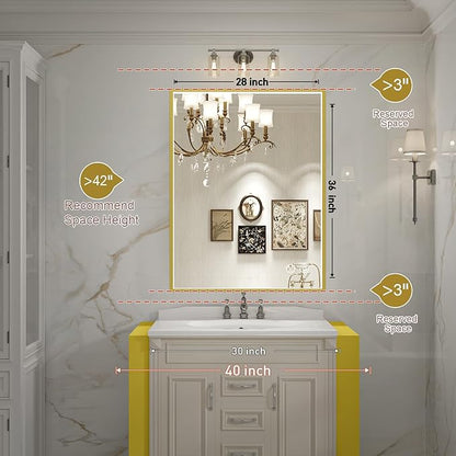 36x28 Inch LED Bathroom Mirror with Light,Gold Metal Frame Lighted Vanity Mirror, Anti Fog Design&Dimmable&Touch Switch