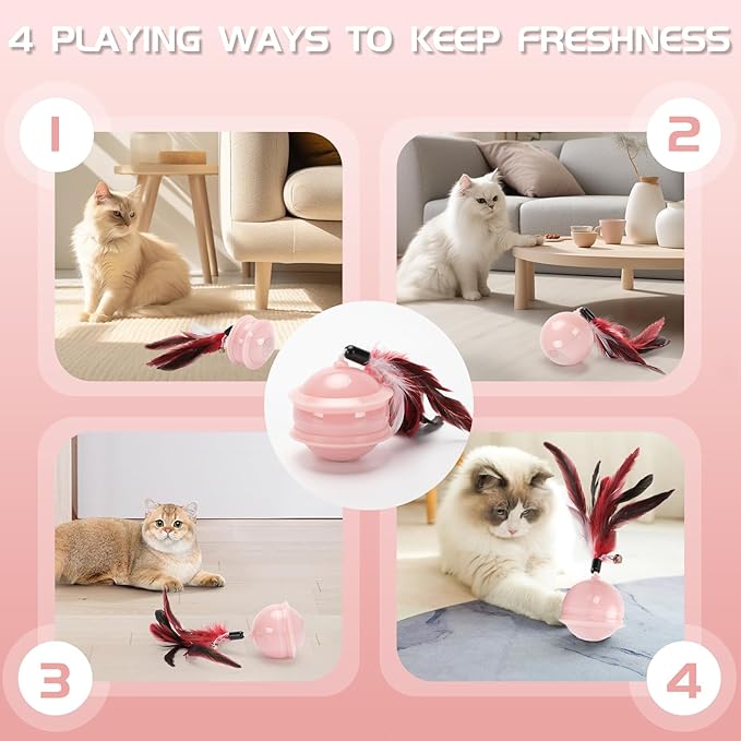 Colurful LED Interactive Cat Feather Toy Ball for Bored Indoor Adult Cats Chase Automatic Moving Ball Rechargeable Self Rolling Automated Tumbler Toy Electric Cat Toy (Pink)-Mewly Pet