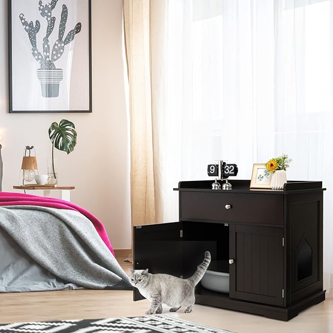 PETSITE Cat Litter Box Enclosure, Large Cat Washroom End Table with Drawer & 2 Doors, Wooden Cat House Storage Cabinet, Hidden Litter Box Furniture, Brown-Mewly Pet