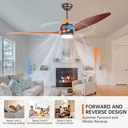 reiga 65 Inch Walnut Wood Ceiling Fan with Lights and Remote Control, Quiet Reverse DC Motor, High Airflow, Timer Function, and Built-in Air Purifier Coconut Carbon Pads for Home