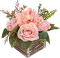 DILATATA Flower Arrangement with Wooden Vase 8" Artificial Flowers in Pot - Fake Flowers Roses Peonies Hydrangeas in Wooden Vase Potted Flower Centerpieces for Table Decor Living Room - Dusty Pink