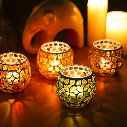 SHMILMH Mosaic Candle Holders Set of 4, Handmade Glass Tealight Votive Holders, Fall Thanksgiving Diwali Decor, Autumn Wedding Party Table Centerpiece, Brown Orange Green
