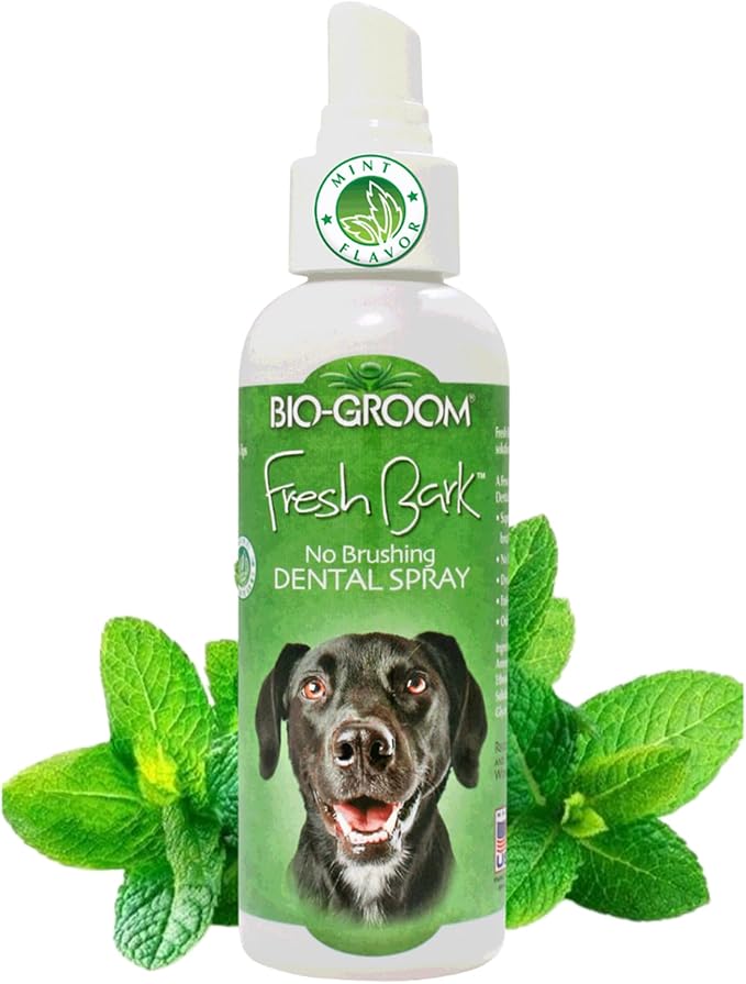 Bio-groom Fresh Bark Dog Breath Freshener - No Chew Dental Spray for Dogs & Cats, Teeth Cleaning Oral Care for Plaque & Tartar, No Brushing Required, Made in The USA - Mint, 4 fl oz-Mewly Pet