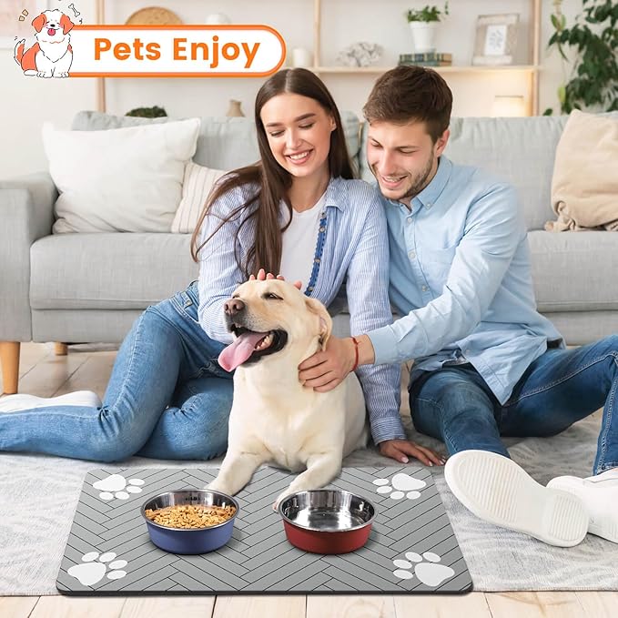 Pet Feeding Mat-Absorbent Pet Placemat for Food and Water Bowl, with Waterproof Rubber Backing, Quick Dry Water Dispenser Mat for Dog and Cat (16"x24", Striped Light Gray)-Mewly Pet
