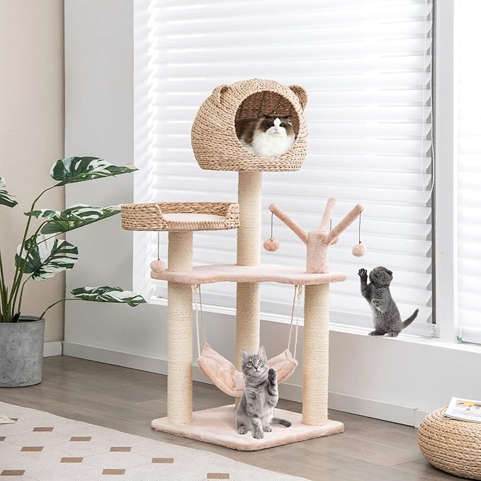 PETSITE Woven Cat Tree, Modern Cat Tower with Hammock & Scratching Posts, Cattail Condo & Top Perch, Cat Activity Tree for Indoor Cats-Mewly Pet