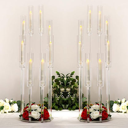 2PCS Acrylic Candelabra Centerpieces,Tall Clear Floor Candelabra for Wedding 8 Arm Candle Holder with Acrylic Shade Circular Base for Party Table Decoration Fit 0.87 LED Candle