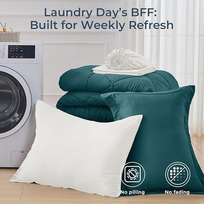 HEVUMYI Twin Comforter Set - 5-Piece All Season Bed in a Bag Twin, Ultra Soft Bedding Set with Comforter, Flat Sheet, Fitted Sheet, Pillowcases, Pillow Shams, Peacock Blue & Ivory