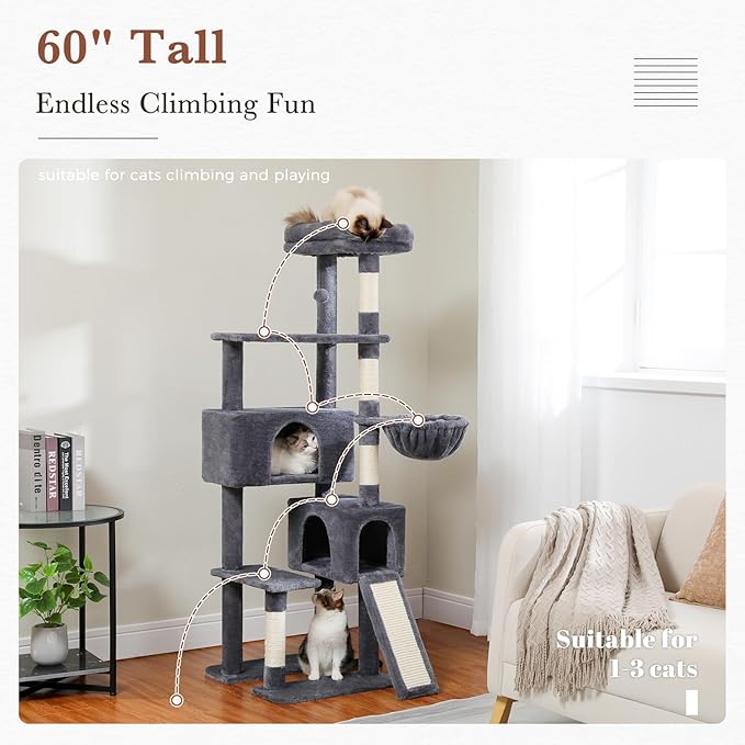 PAWZ Road Cat Tree, 60 Inches Cat Tower with Dual Condos, Spacious Perch, Cozy Basket and Sisal-Covered Scratching Posts for Indoor Cats- Dark Gray-Mewly Pet