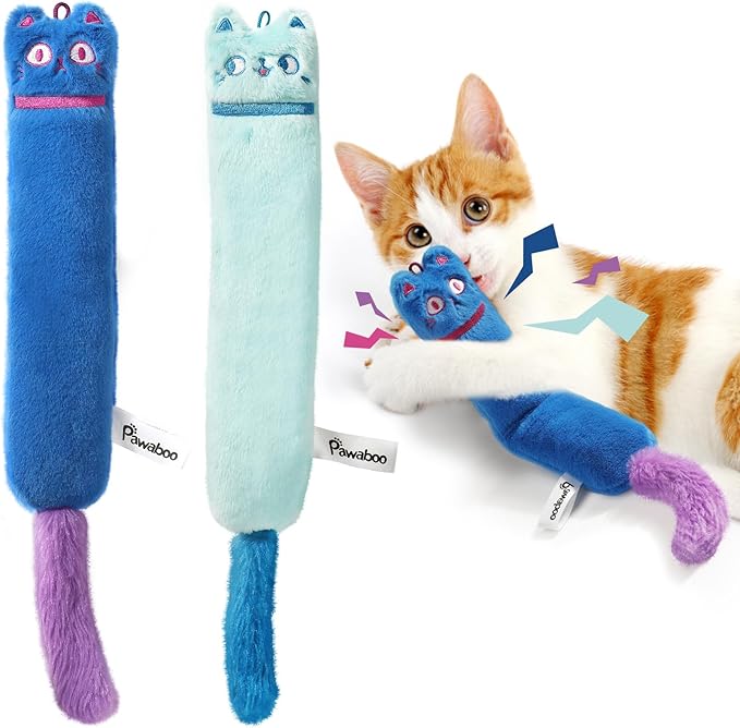Pawaboo Cat Toys, 2 Pack Catnip Toys with Bell and Crinkle Paper, Soft and Durable Kitten Toys, Interactive Cat Toys for Indoor Cats, Cat Plush Kicker Toys for Kittens Kitty, Cute Cat Stuff-Mewly Pet
