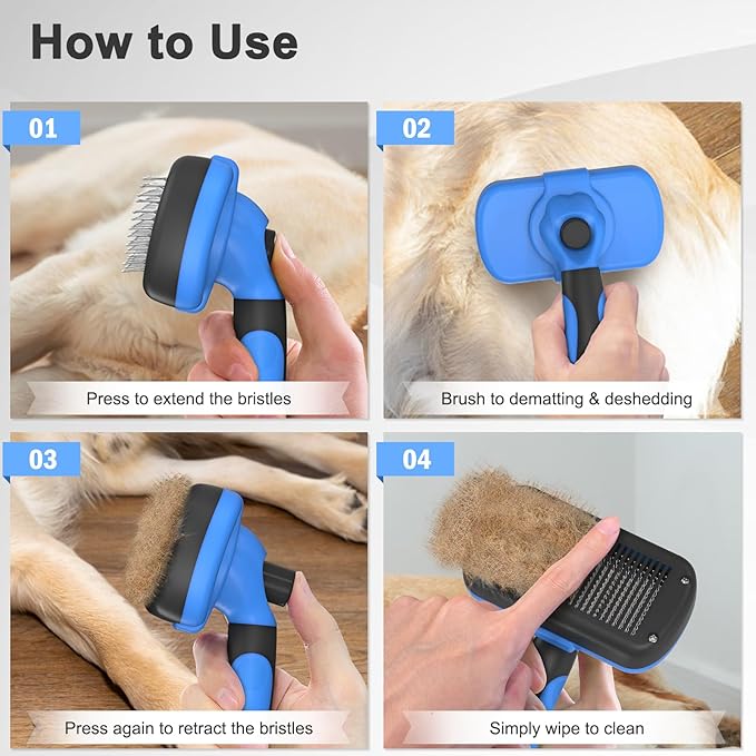 Self-Cleaning Brush for Pet Deshedding - Skin-Friendly Grooming Tool for Dogs and Cats, Blue-Mewly Pet