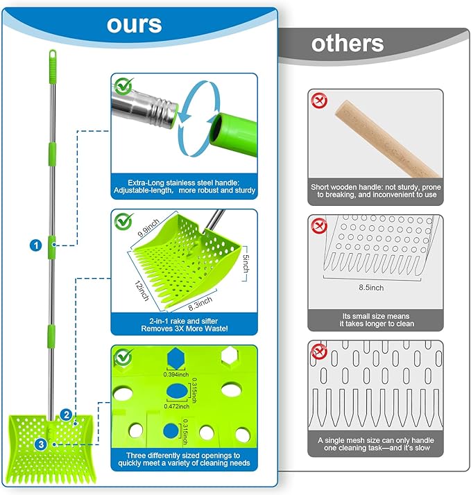 12-Inch 2-in-1 Chicken Poop Scooper & Rake – US Patent Pending – 3-Shape Sifting Holes Chicken Coop Rake，Stainless Steel Handle （20–61"）– Litter Scoop Sand & Sifting Shovel for Chicken Coops(Green)-Mewly Pet