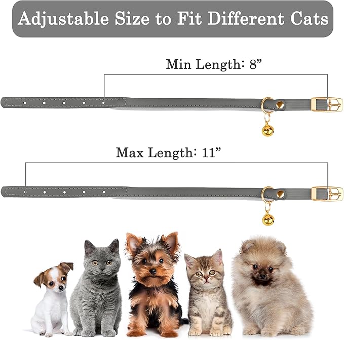 OOPSDOGGY Rolled Leather Cat Collar with Bell - Reflective Kitten Collar with Safety Elastic Strap - Adjustable Small Pet Collars for Boy Girl Cats (Graphite)-Mewly Pet