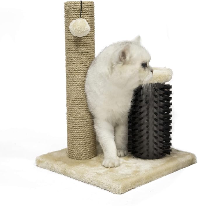 Amazon Basics Cat Scratcher - Indoor Classic Single Cat & Kittens Scratching Post with Brush, Small (16.5" H) - Beige-Mewly Pet